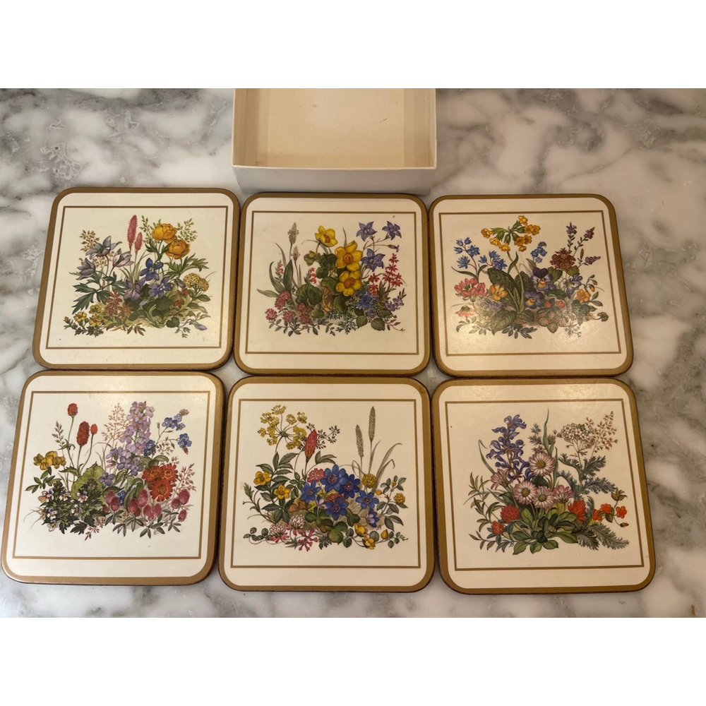 Vintage Pimpernel Acrylic Floral Coasters Set of 6 Made in England 4” Square